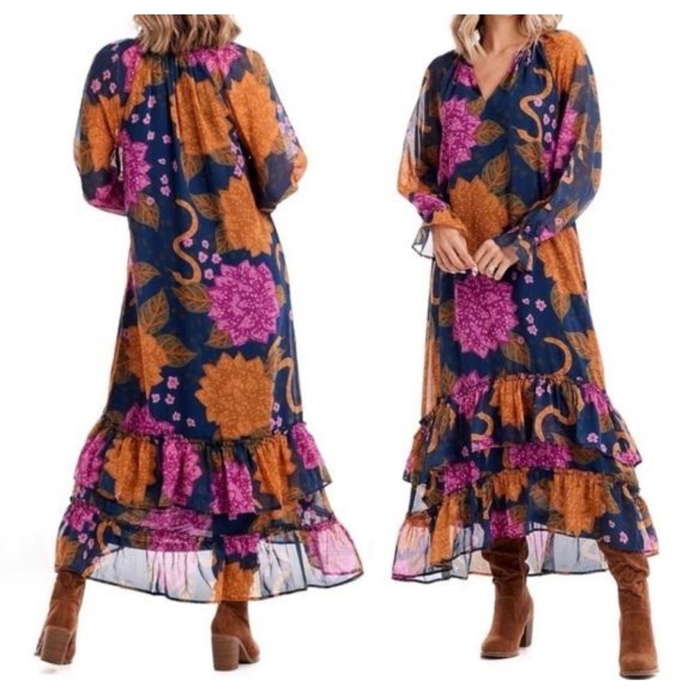 Mud Pie Colleen Maxi Dress Women's S Navy Floral Ruffle Long Sleeve NWT
